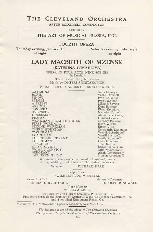 Program from opening night of <em>Lady Macbeth</em>, 1934.