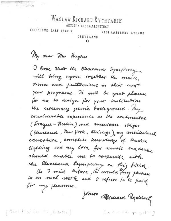 Letter from Richard Rychtarik to Adella Prentis Hughes expressing interest in designing sets for Cleveland’s operas, 1934. 