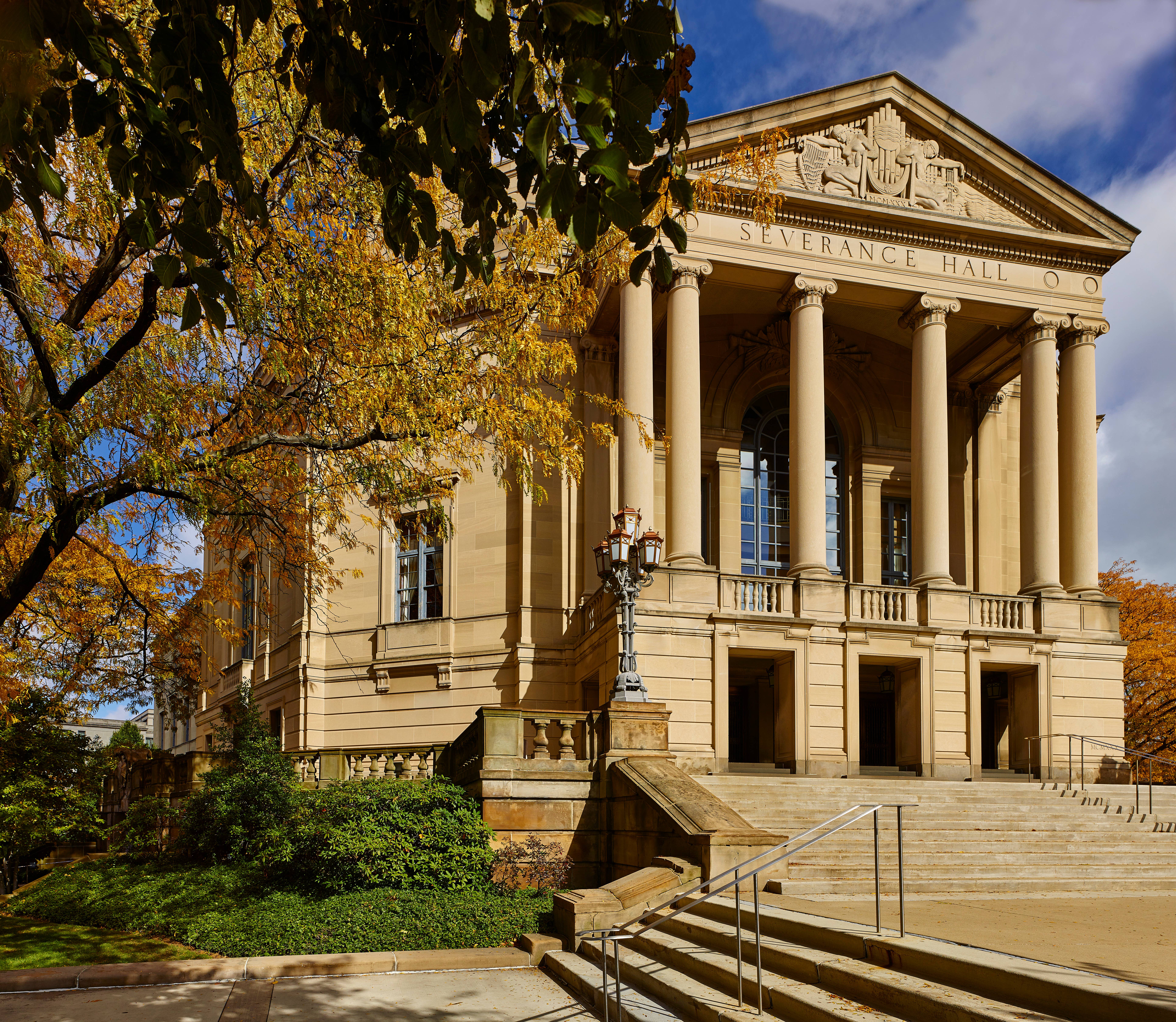Severance Music Center framed with natural fall foliage