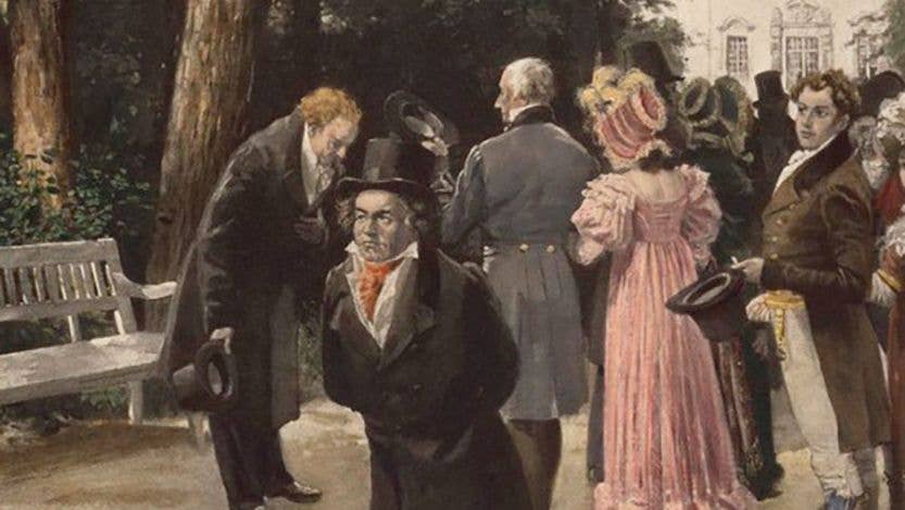 Painting depicts Goethe standing and talking to the nobility, who have passed the pair, while Beethoven continues walking.