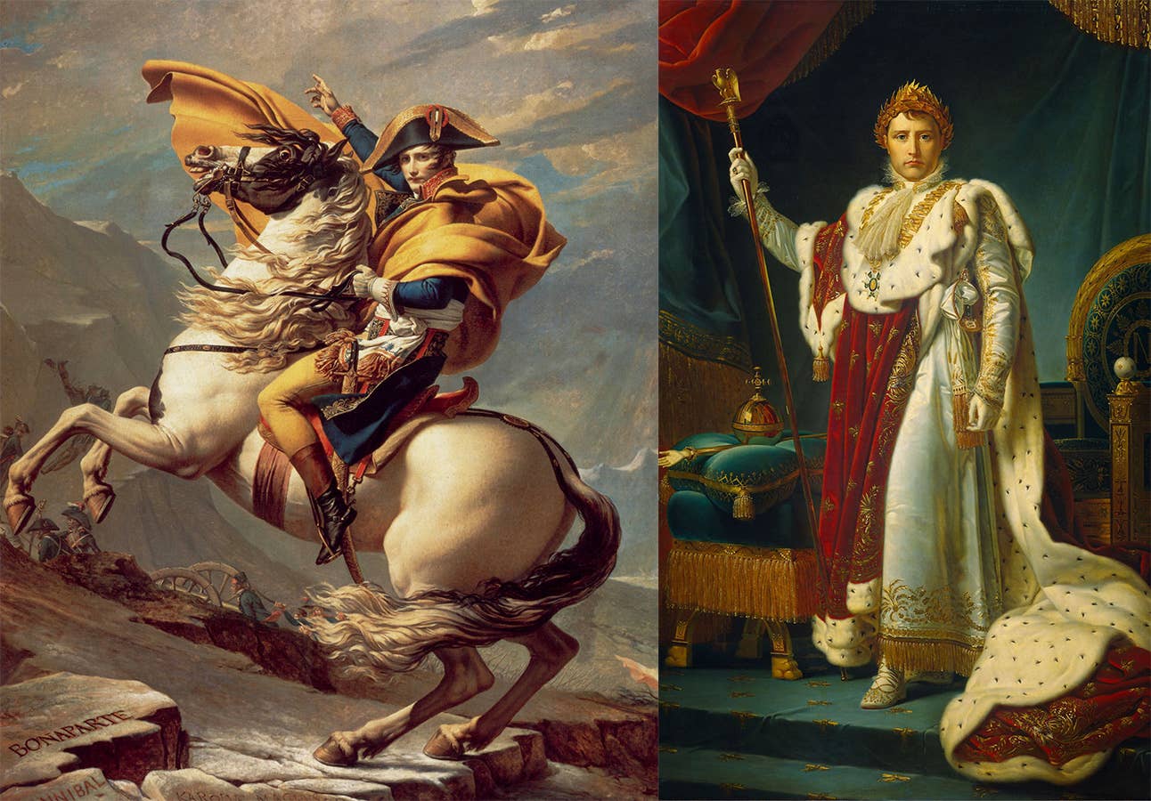 Left. Painting of Napoleon Bonaparte when he was First Consul. Atop a horse and garbed in military finery, he heroically points the way forward for his men to cross the Alps. Right. Portrait of Napoleon Bonaparte as Emperor. He is clothed in elaborate and lush red and white robes, and holds a golden scepter. 
