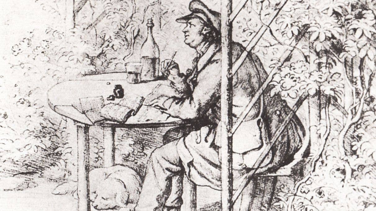 Black-and-white sketch of Jean Paul Richter sitting, drinking, and writing in a garden. His dog sleeps at his feet.