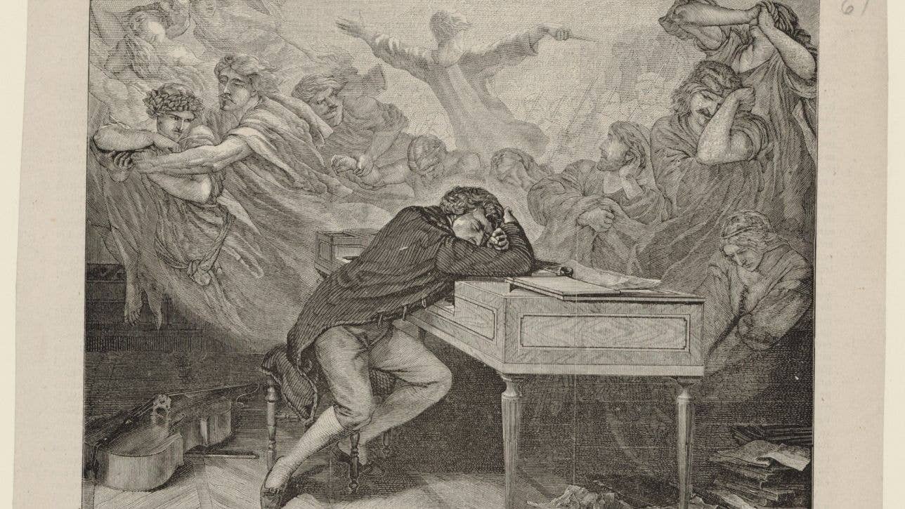 Beethoven slumped over a desk, and having fevered and unsettling visions.