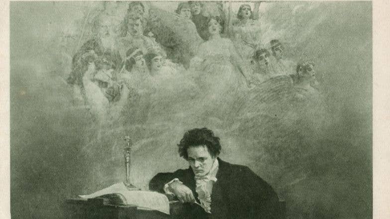 Beethoven at his desk, looking morosely forward as an unearthly chorus appears to sing to him.