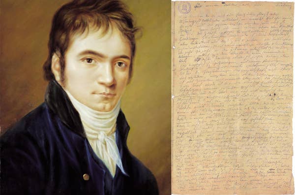 Left. Beethoven in his early thirties. Blue jacket, white scarf, looking directly at the viewer. Right. Letter by Beethoven, in his distinctively messy handwriting.