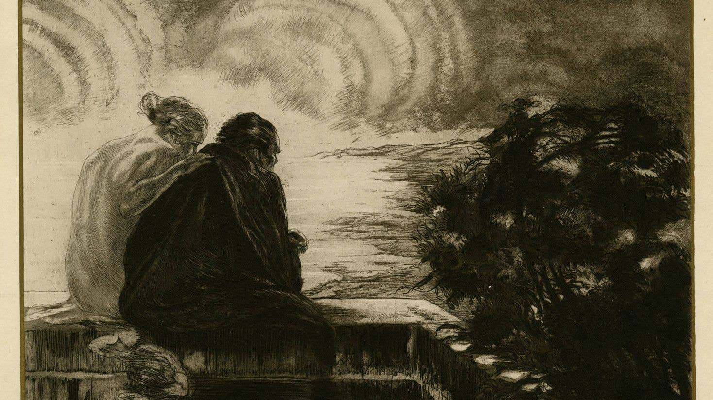 Beethoven sitting and looking sorrowfully out over the water. He is comforted by a spirit-like figure to his left; the spirit’s hand is on Beethoven’s back.