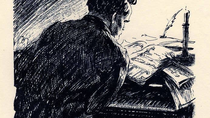 Beethoven is writing on a sheet covered with music. At the bottom of the image is a facsimile of the Ode to Joy from his Ninth Symphony.