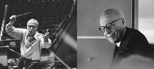 Left. George Szell in a dramatic pose as he conducts the Orchestra.  Right. George Szell as an old man. Hunched over while sitting on an airplane, but smiling for the camera.