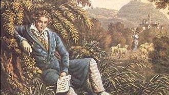Beethoven is resting near a stream, with music and pen in his hands.