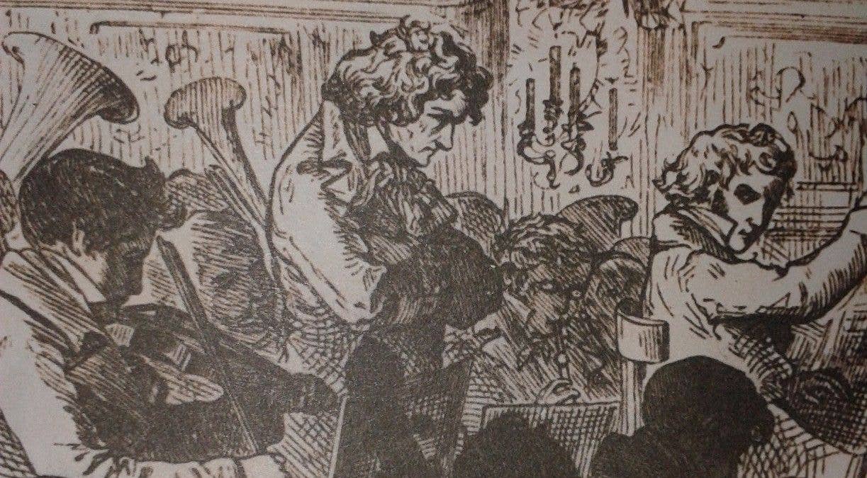 Beethoven stands in the middle of an orchestra as he conducts them in his Ninth Symphony.