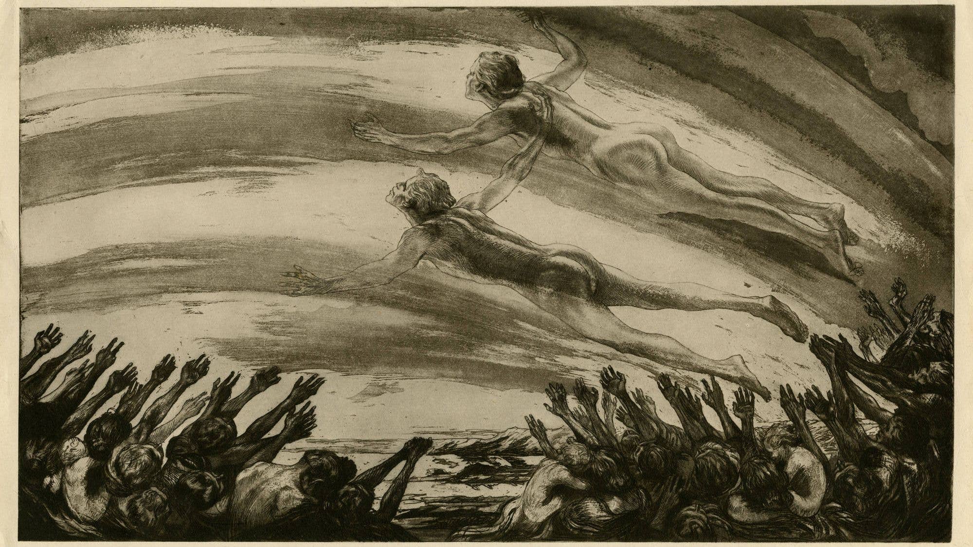 Two figures suspended above a crowd with outstretched hands reaching upwards.
