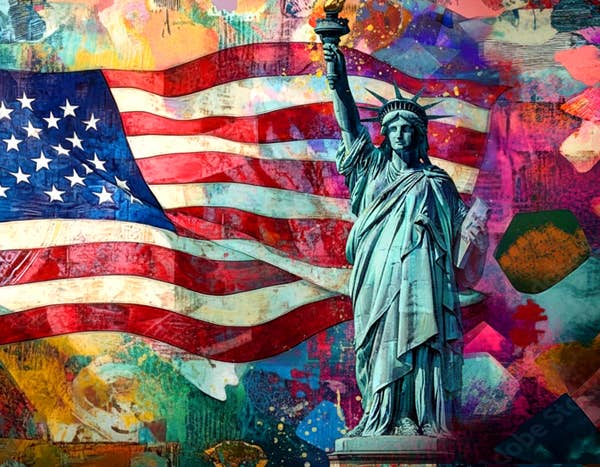 Colorful graffiti mural of the American flag with the Statue of Liberty in front, plus abstract splashes and shapes