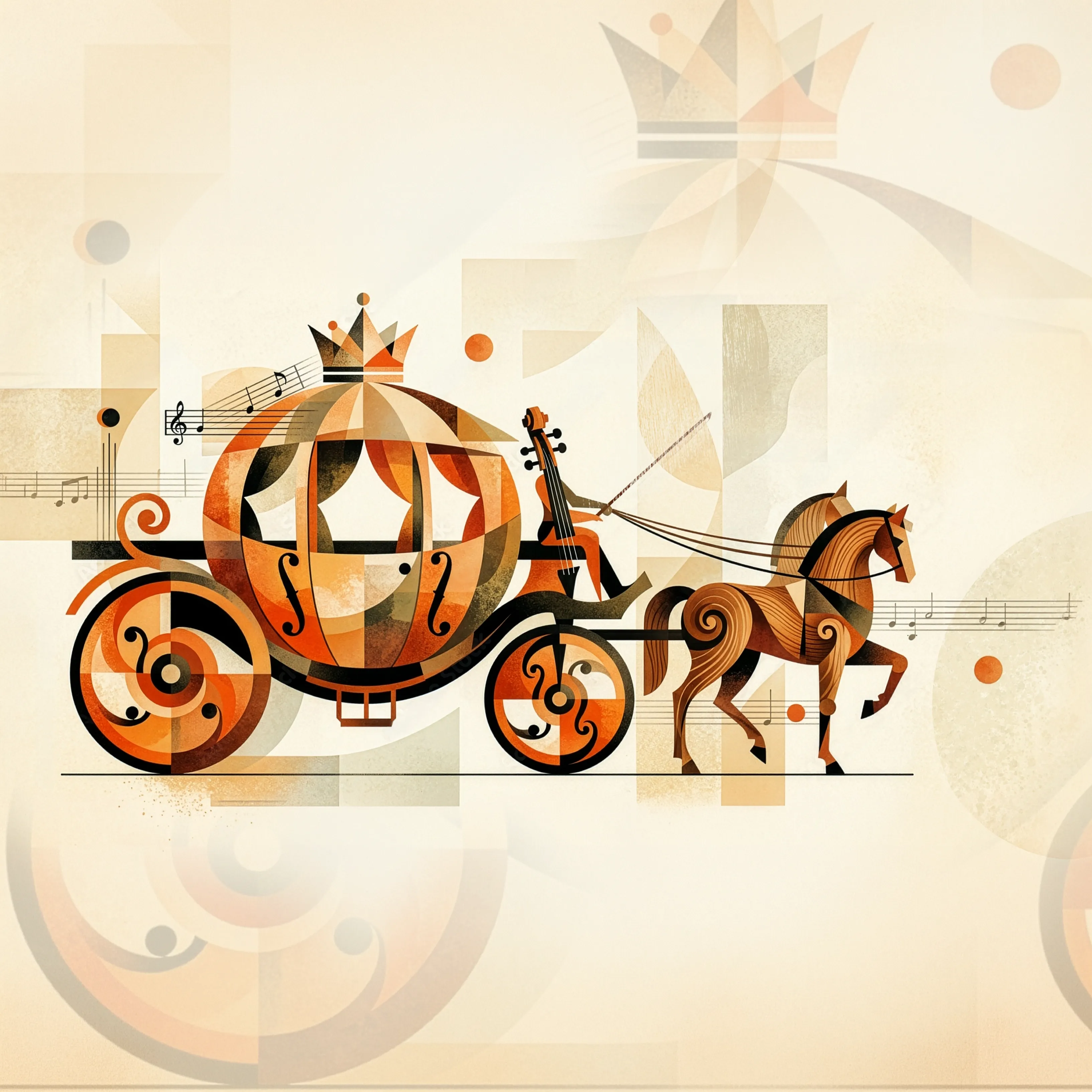 Abstract orchestra scene with carriage and horses, orange trumpet, violin, and music notes over geometric background