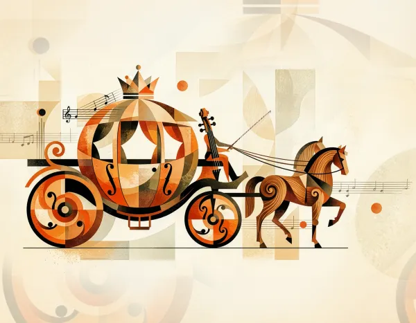Abstract orchestra scene with carriage and horses, orange trumpet, violin, and music notes over geometric background