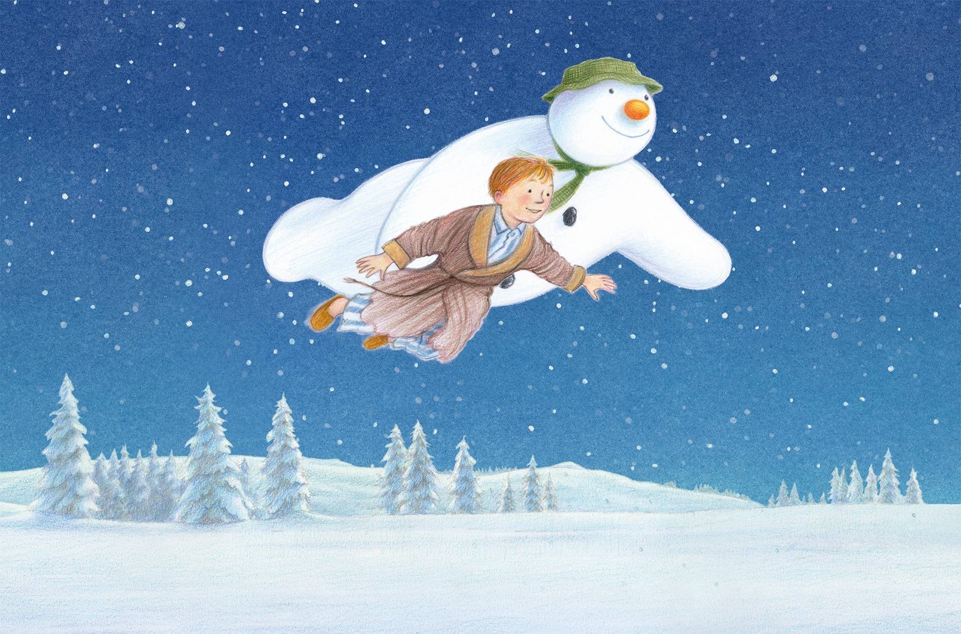 boy and snowman flying over snowy landscape
