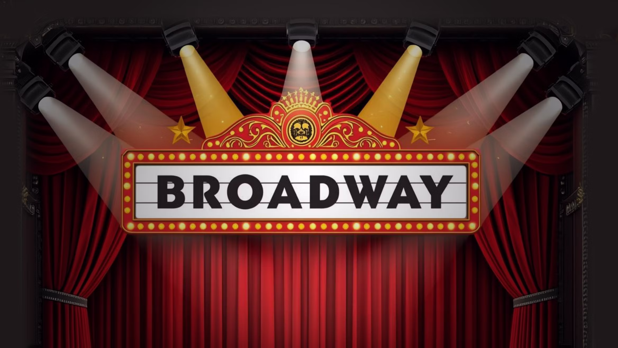 Stage banner reading Broadway with gold drums, red curtains, and spotlight arcs overhead.