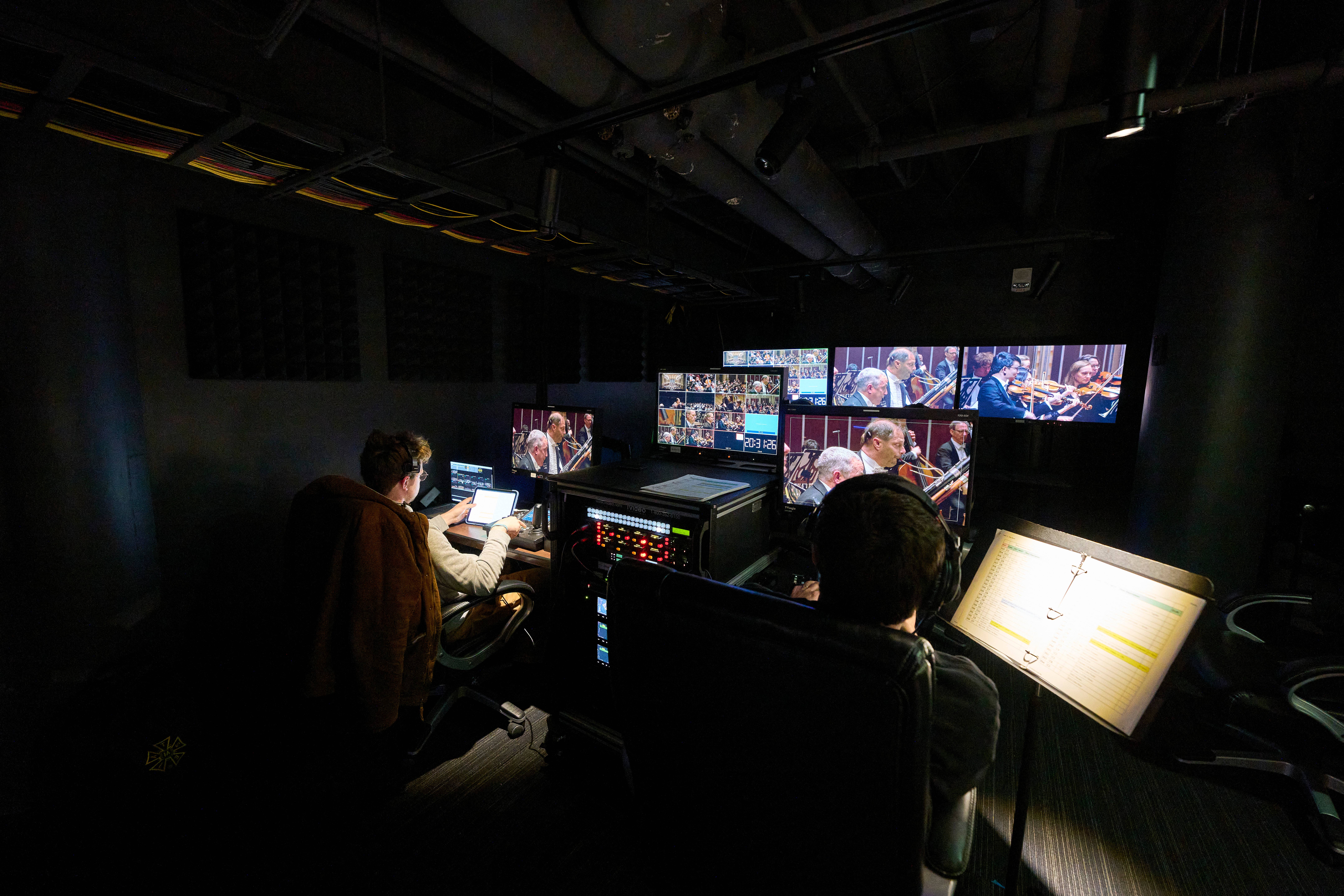Adella livestream, computer monitors watching filming happening