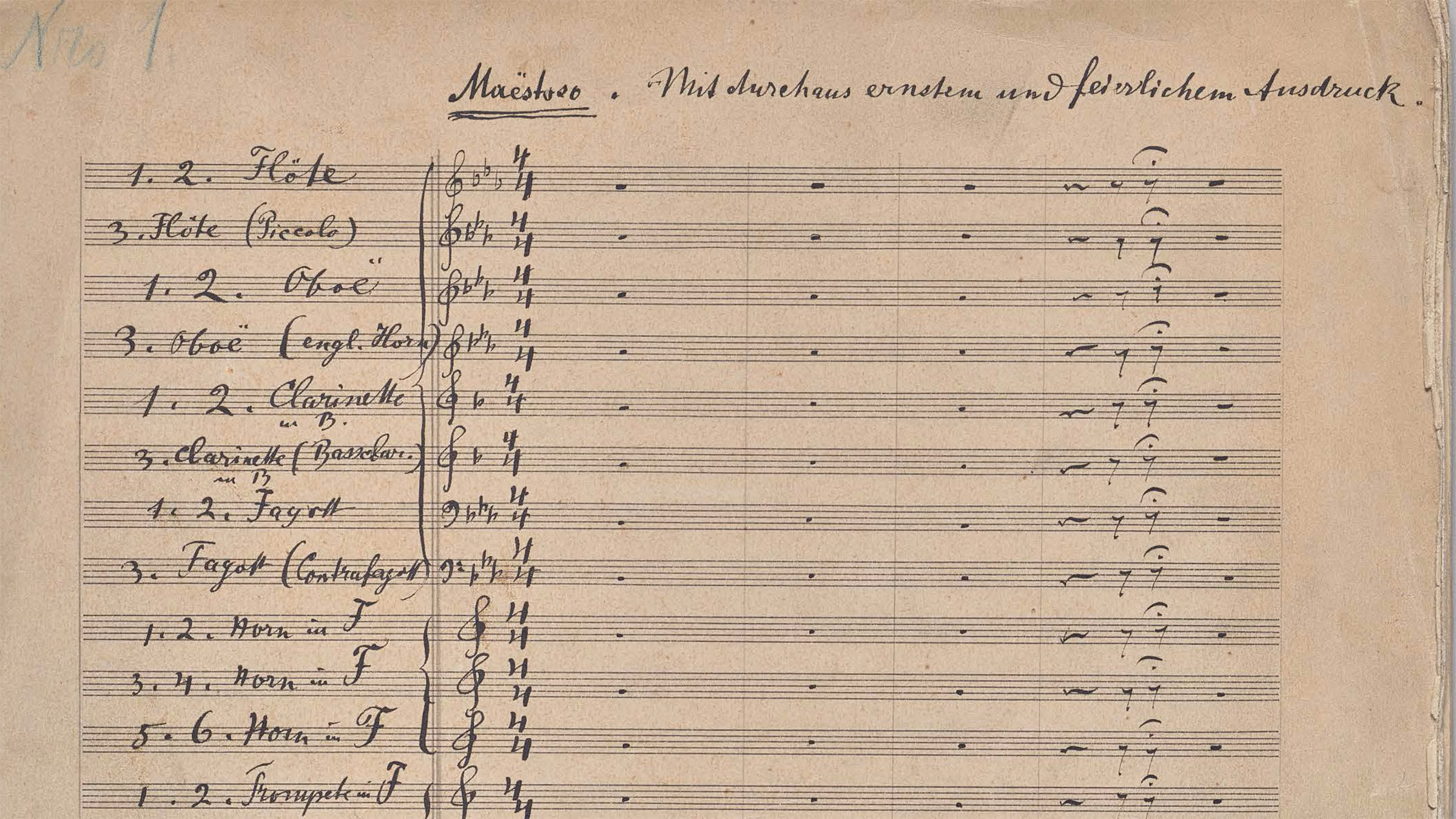 A page of the first movement to Mahler's Second Symphony. The tempo marking reads "Maestoso."