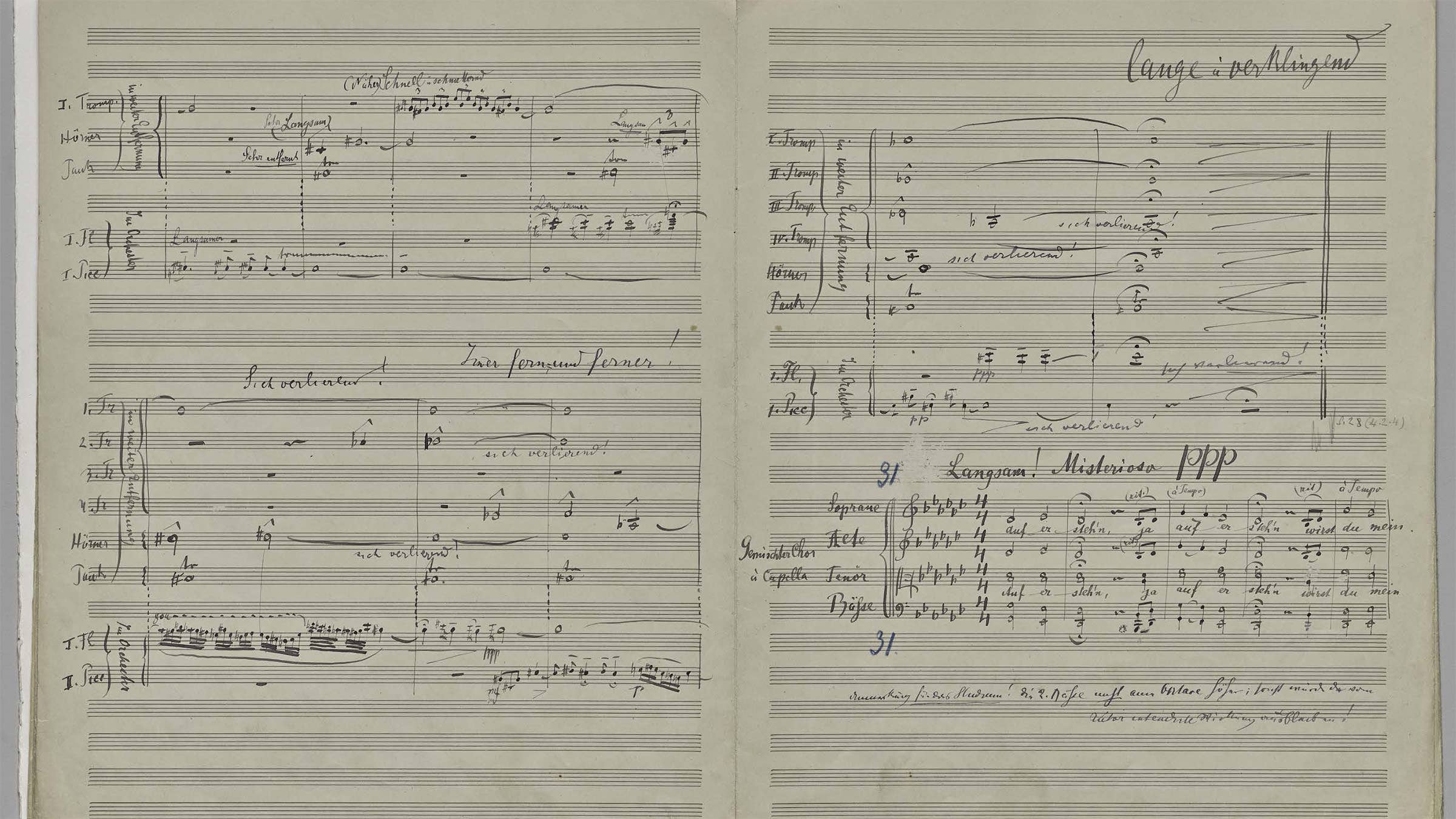 A page of the fifth movement of Mahler's Second Symphony, featuring the entrance of the choir.