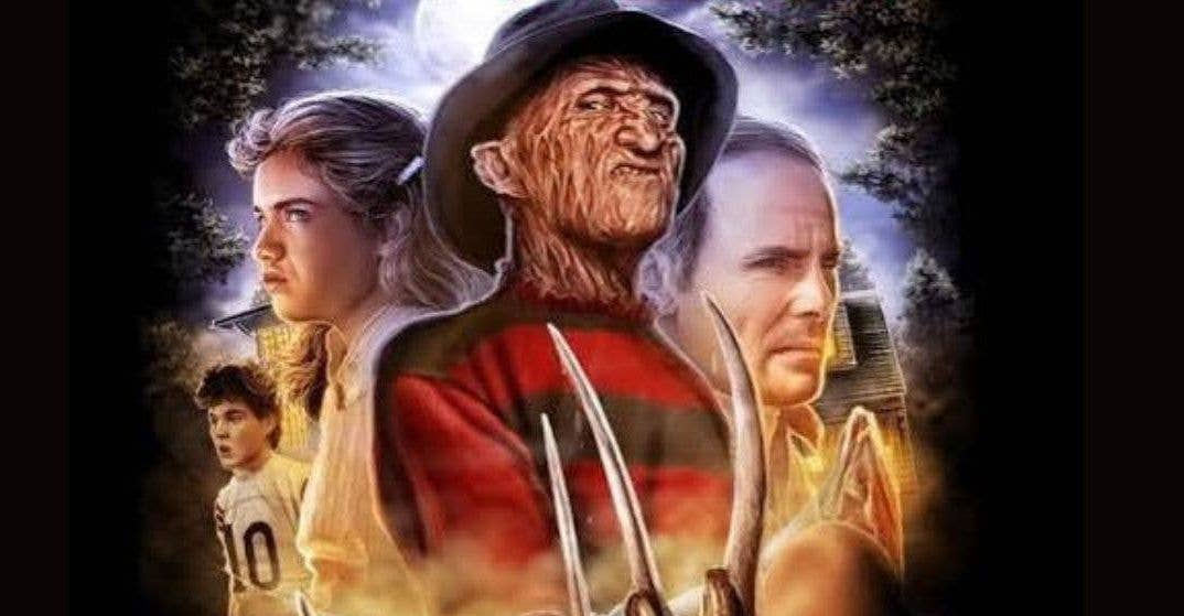 Collage-style horror scene with a scarred man in a hat at the centre, staring menacingly.