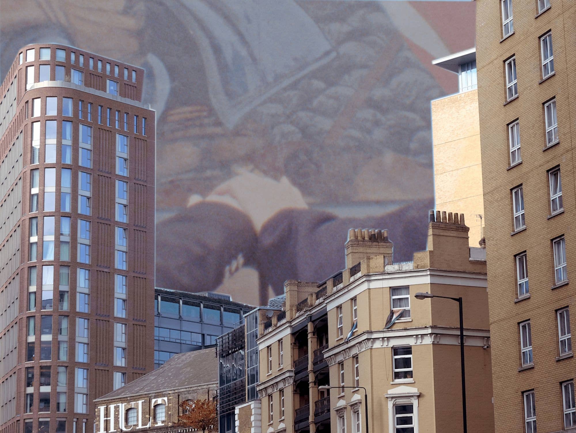 A collage of buildings in the foreground, with a faded image showing a close up of holding hands in the background.
