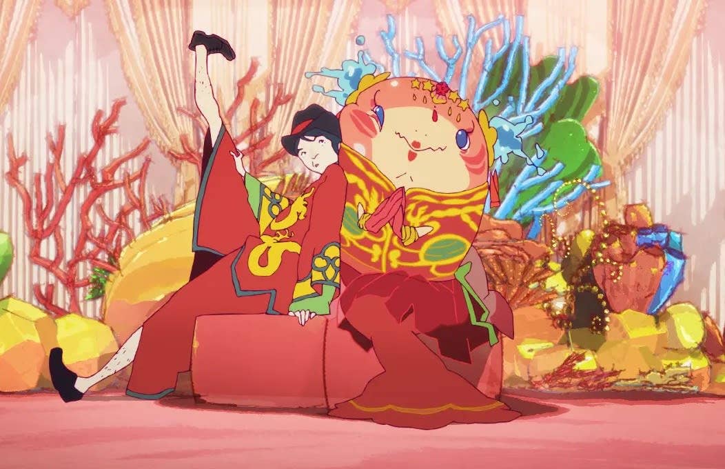 An expressive, vibrantly colored digital animation still featuring two characters - lounging in a surreal, underwater-themed room