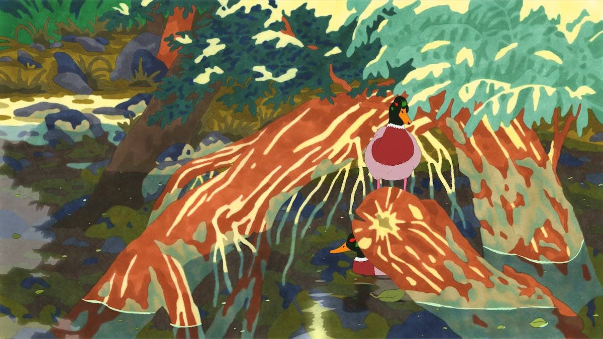 Animation still - a colourful pond with two brightly coloured ducks lurking around a tree