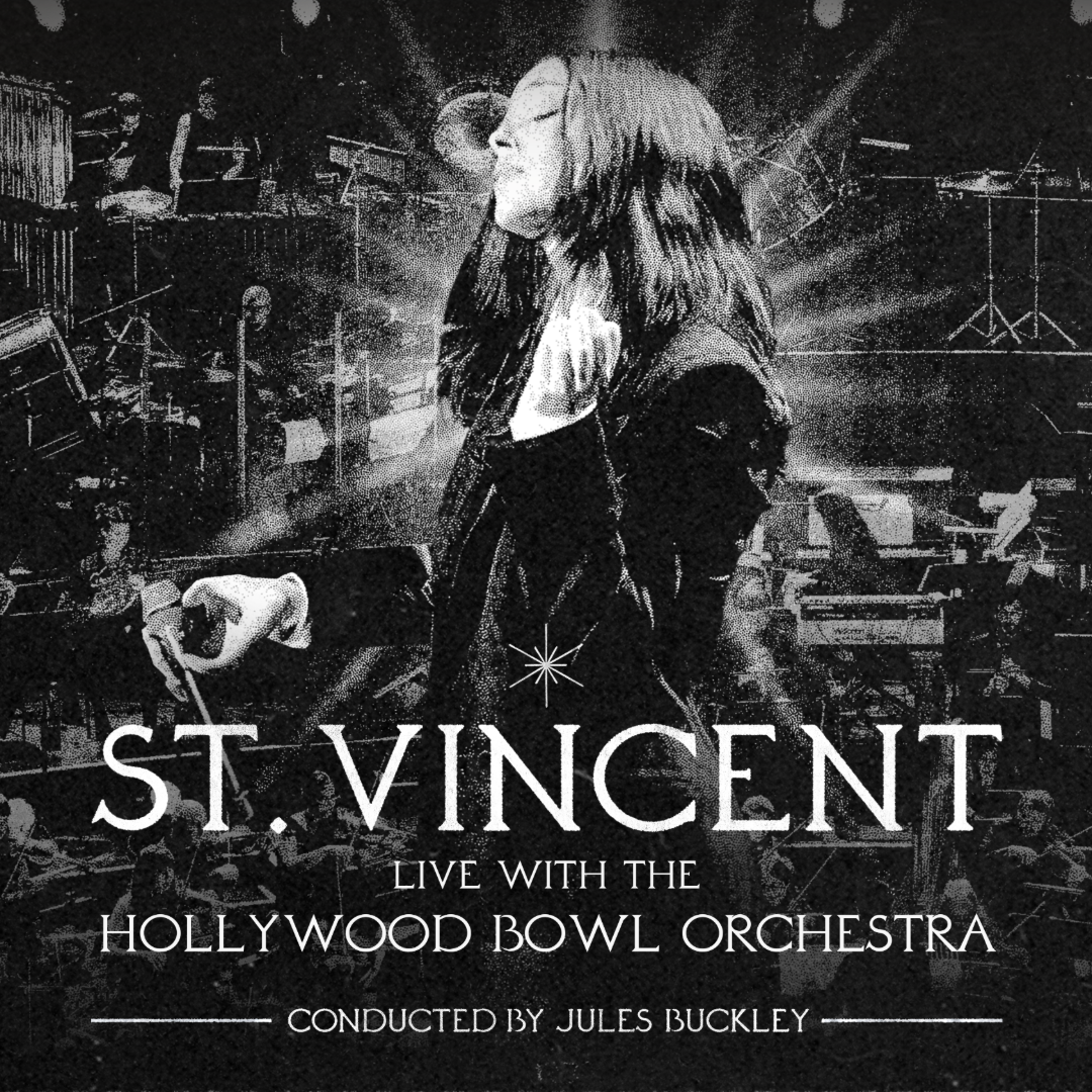 Stylized concert poster showing a woman in profile among music visuals, text reads St. Vincent live with the Hollywood Bowl Orchestra