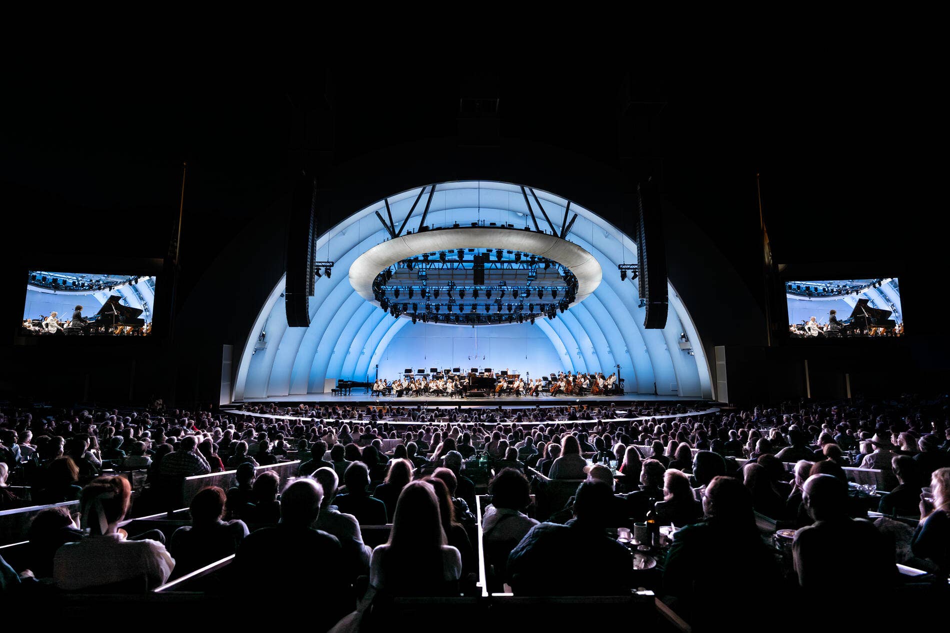 Concert hall stage with blue curved backdrop, orchestra seated, and audience filling the foreground.