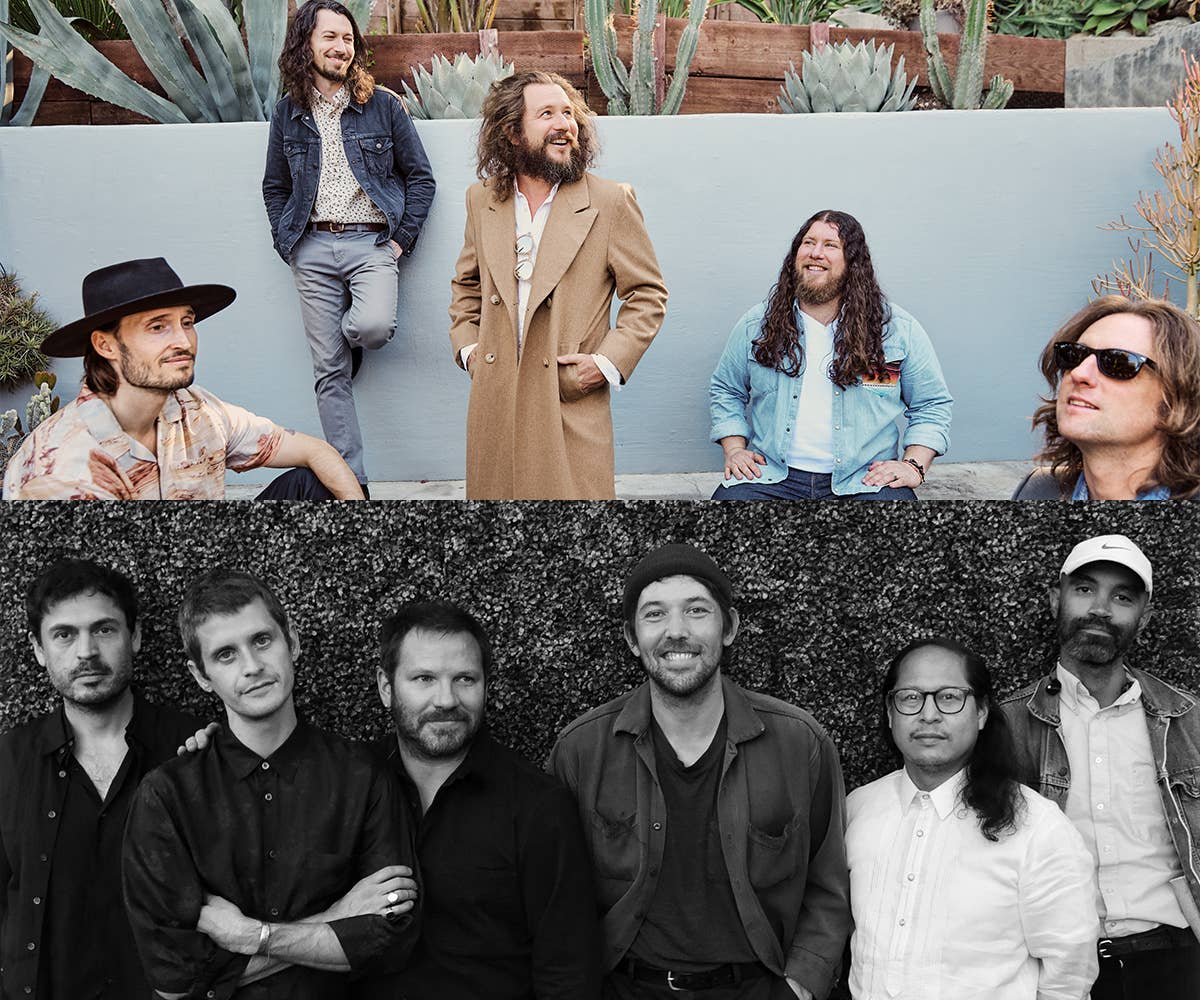 A split image collage featuring the band My Morning Jacket at top and the band The Fleet Foxes on the bottom. 