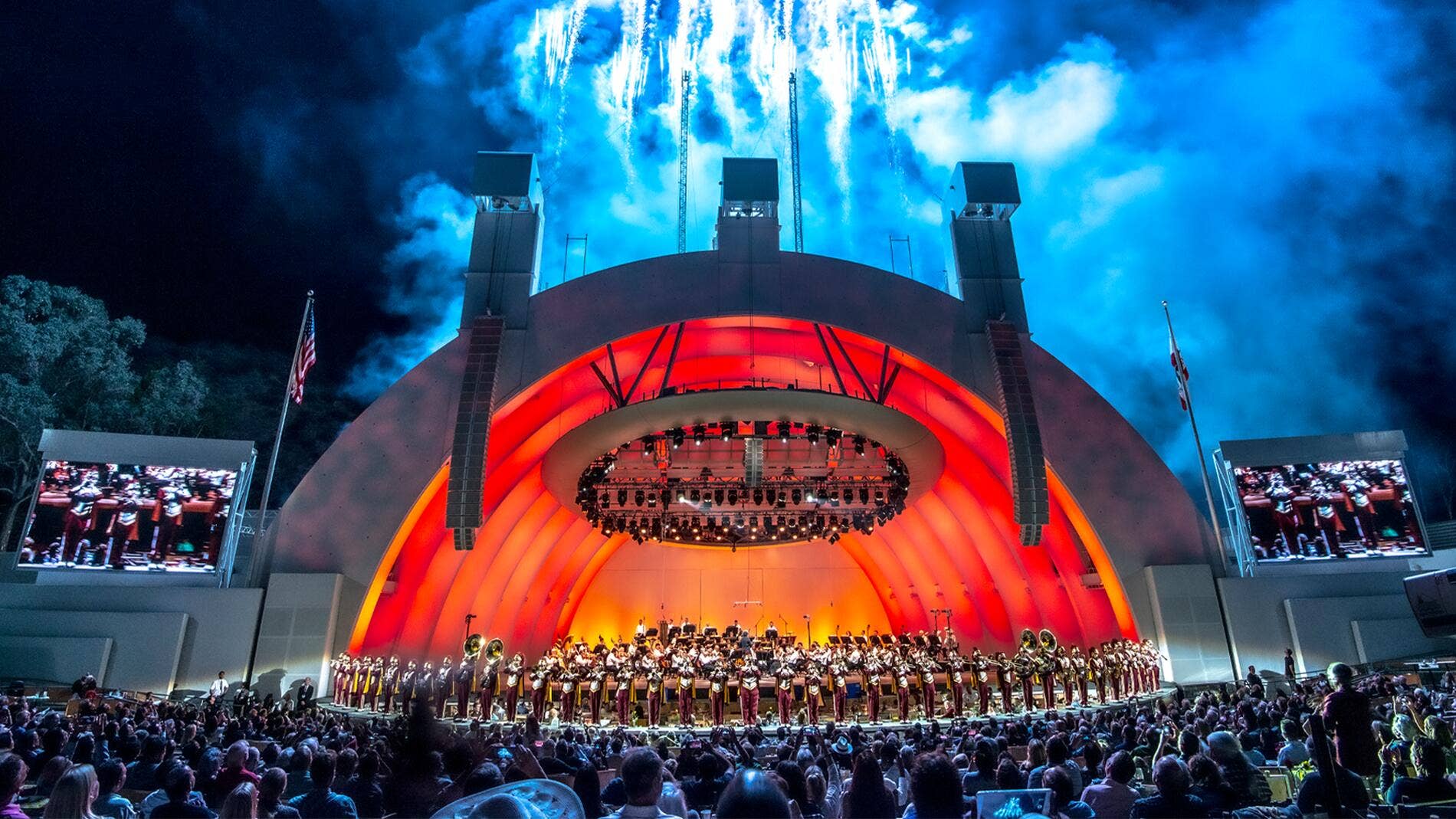 Pyrotechnics light up the Bowl with the USC Trojan Marching Band on stage
