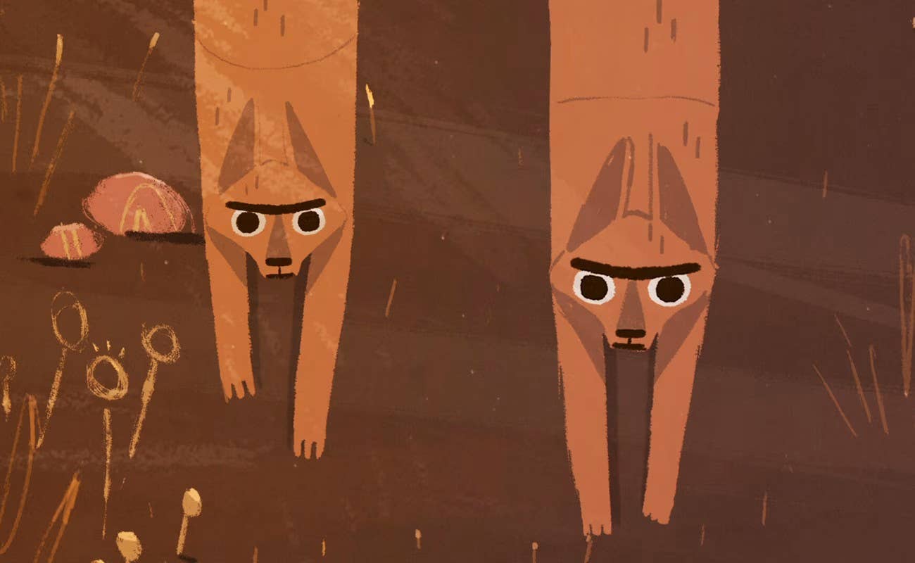 Two cartoon jackal characters with black eye bands, standing against a dark, rainy background with orange glow.