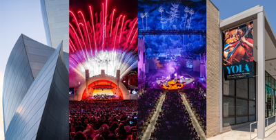The Concert Hall's modern tower building facade, the Bowl's amphitheater fireworks show, and a BYC's billboard featuring a musician and word YOLA