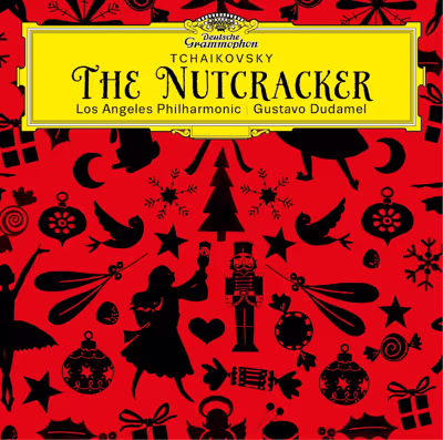 Siluetas decorativas navideñas en rojo y negro con una tarjeta de presentación con el «Cascanueces» para Tchaikovsky y la Filarmónica de Los Ángeles, Dudamel