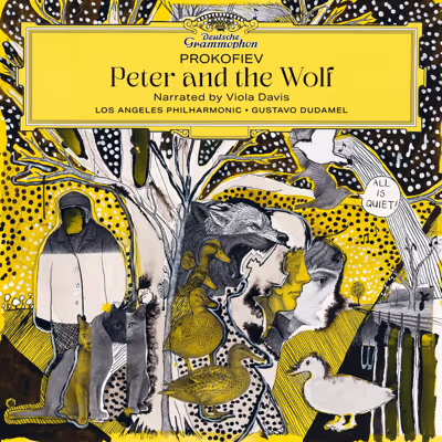 German mannnophone cover art for Peter and the Wolf, narrated by Viola Davis, with animals in yellow and black.