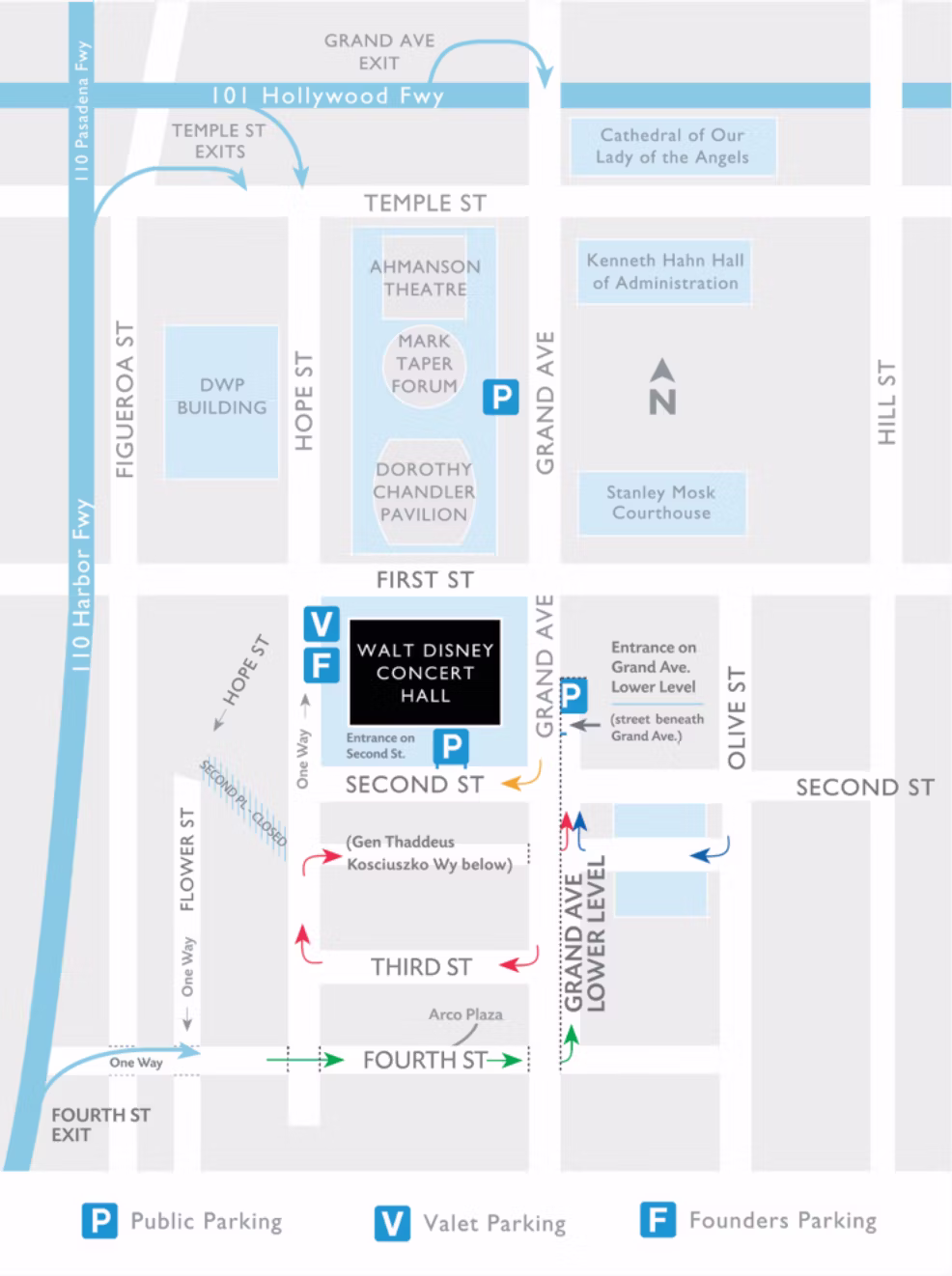 Map showing parking areas and landmarks around Walt Disney Concert Hall, Grand Avenue, and First through Fourth streets