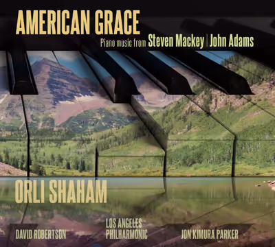Album cover for American Grace, piano music by Steven Mackey and John Adams, with mountains and grand piano keys