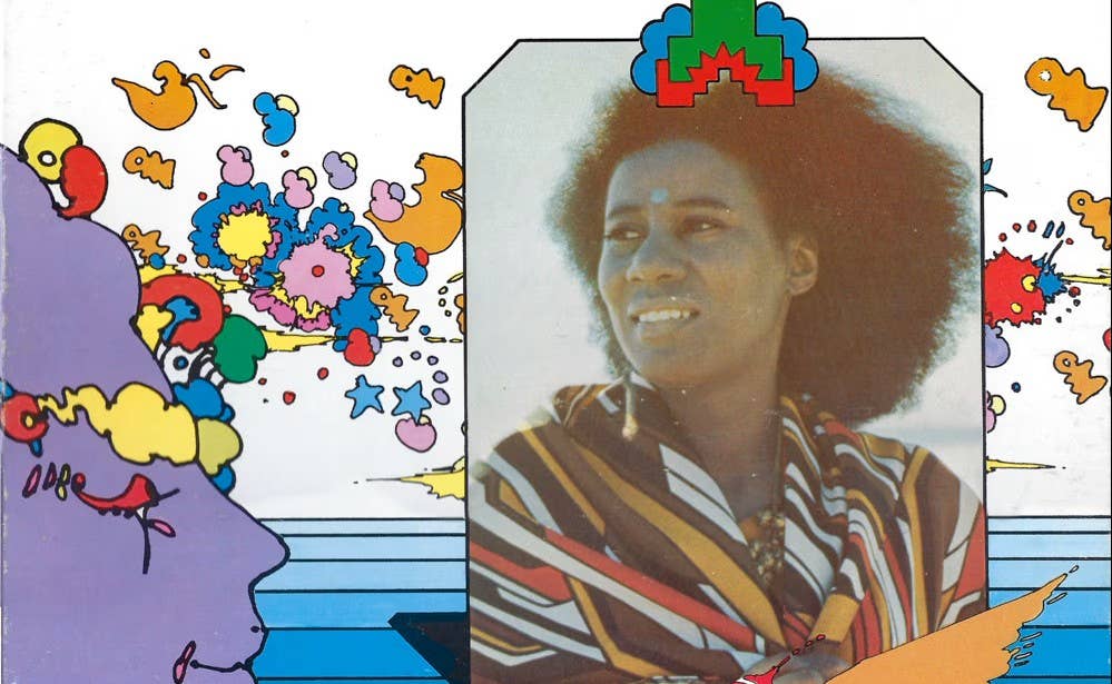 Smiling woman portrait framed by cartoon confetti, bubbles, and blue ocean waves with colorful splashes around her head