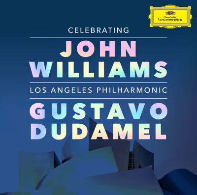 Homenaje a Johan Williams: la Filarmónica de Los Ángeles en Deutsche Grammophon, con un texto a todo color sobre una imagen azul de la sala de conciertos