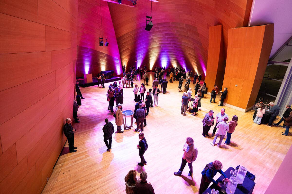 Crowd gathers in an arched concert hall with purple stage lighting and musicians performing instruments