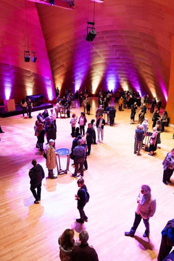 Crowd gathers in an arched concert hall with purple stage lighting and musicians performing instruments