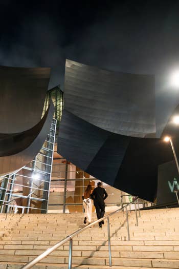 Night view of modern curved building entrance with lit steps, railings, and two people walking outside museum