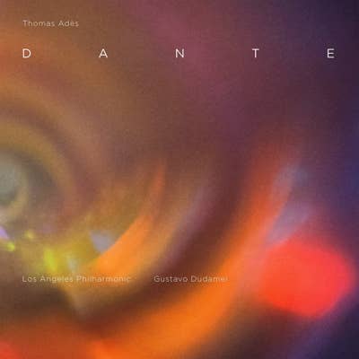 Degradado abstracto en color con texto: Thomas Adès, la Filarmónica de Los Ángeles, Gustavo Dudamel y las letras D, A, N, T, E