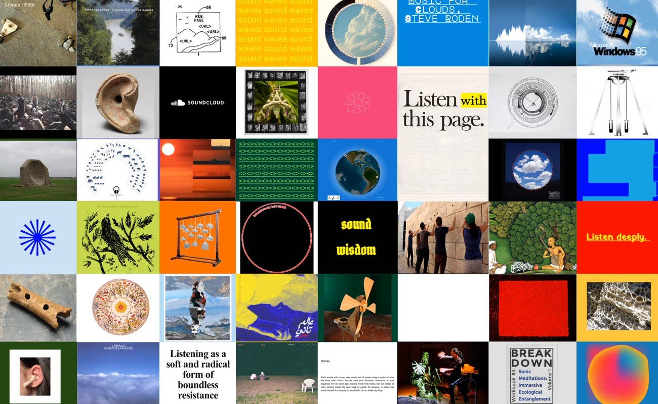 Collage of sound-themed posters and artworks featuring music, clouds, waves, SoundCloud, and listening messages