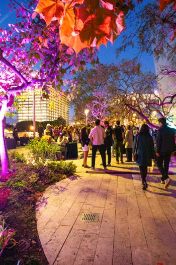 People walking along a lit plaza with colorful neon trees and lanterns at night.