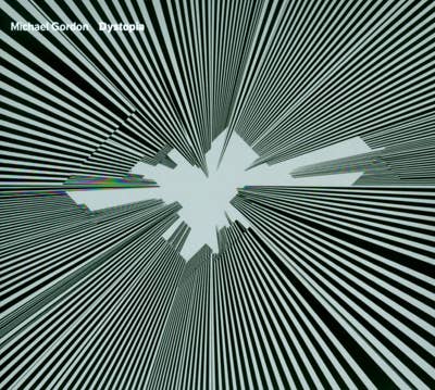 Black-and-white striped tunnel converging to a bright center, with glitch color fringes and the text “Michael Gordon Dystopia”
