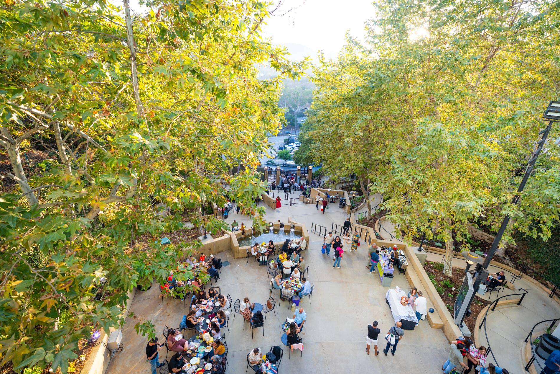 Outdoor courtyard event with people dining and mingling under leafy trees, with tables and seating along a walkway.