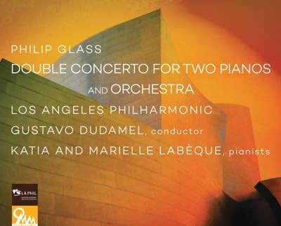 Orange concert poster featuring text: Double Concerto for Two Pianos and Orchestra by Philip Glass.
