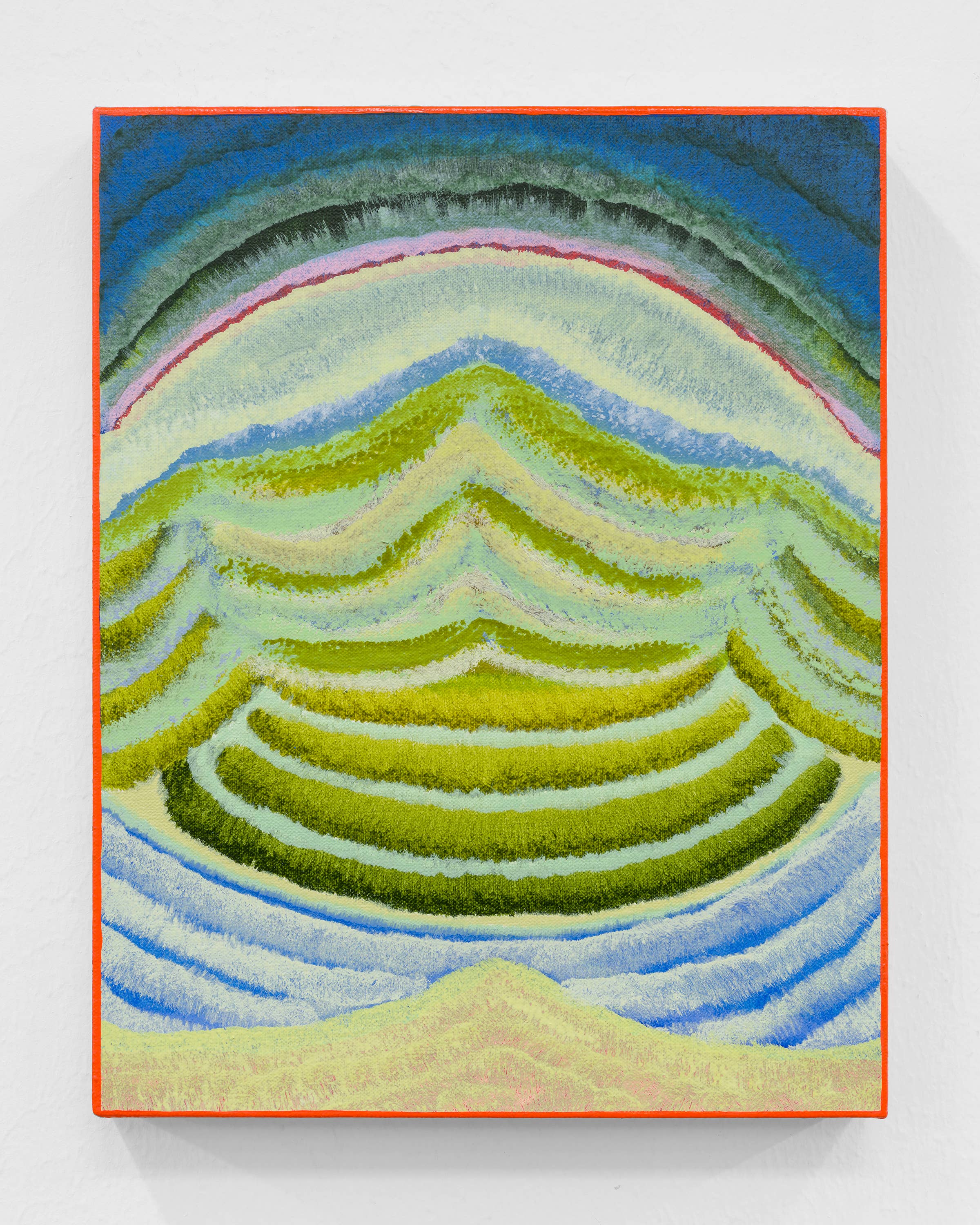 Abstract landscape painting with layered waves of green, blue, yellow, and pink, framed by a red border.