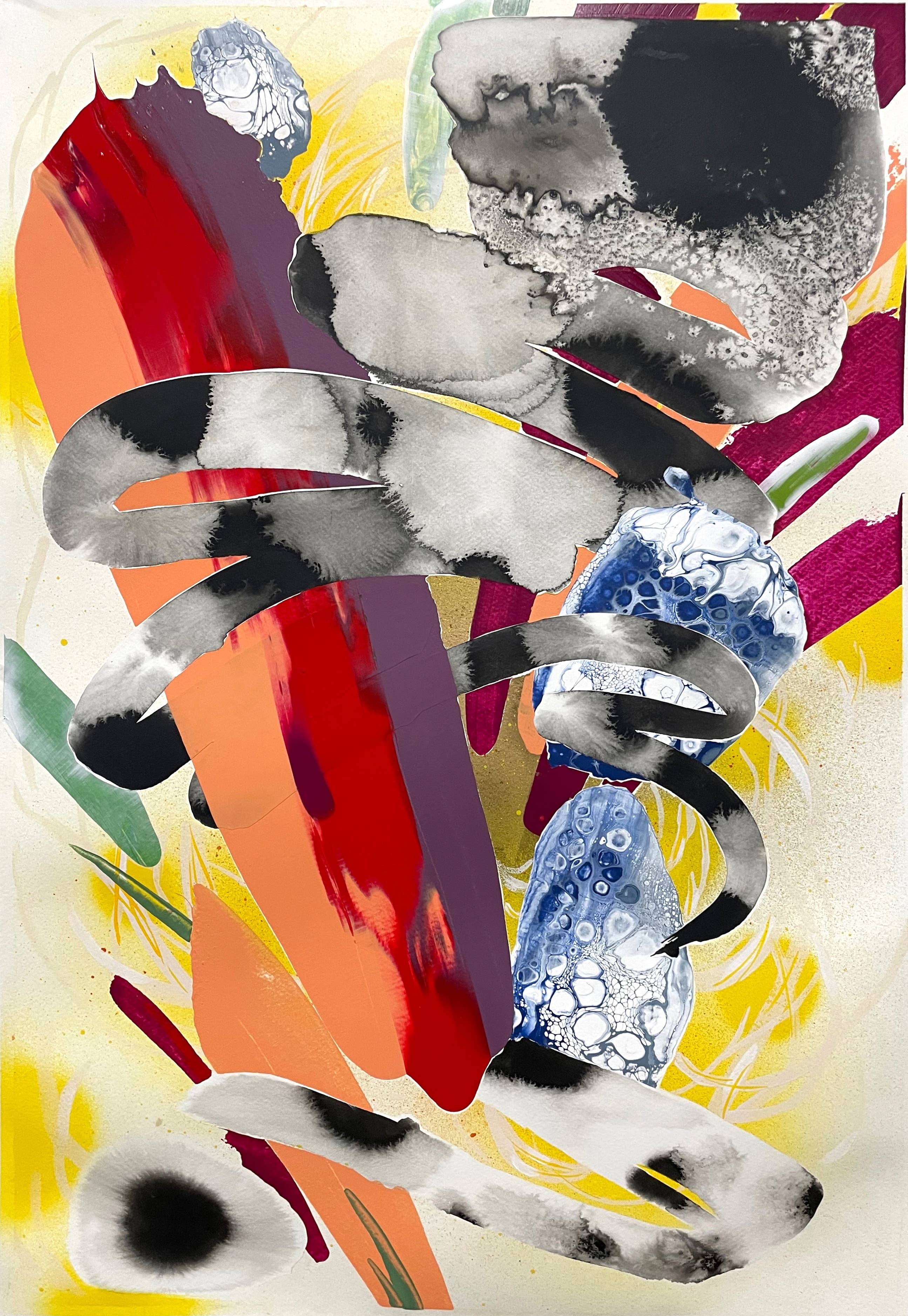 Abstract collage of a gray bear-like figure with blue bubble patterns, splashes, and sharp red and orange shapes.